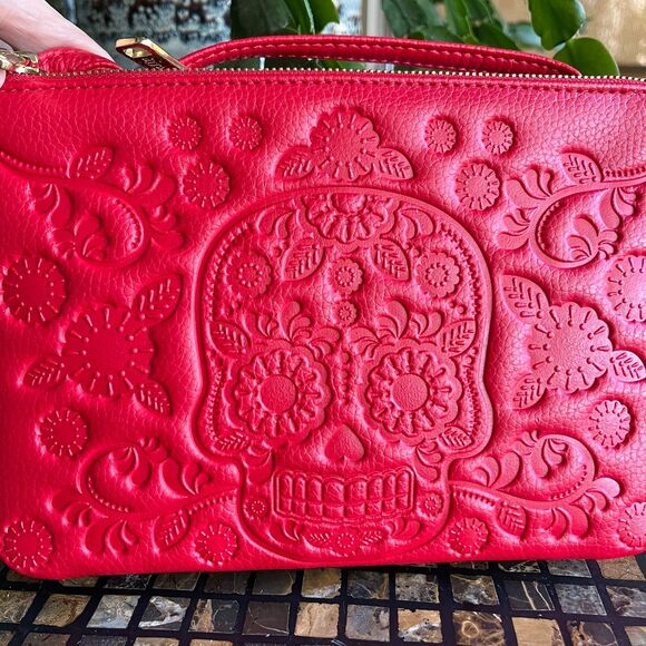 Loungefly Sugar Skull Red Crossbody & Clutch Combo Pebbled Leather EUC - Picture 10 of 11